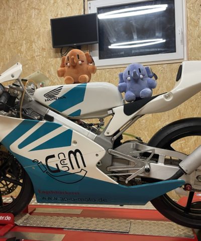 Plushtodons on a Honda RS125 Racing motorcycle sitting on a dyno.
